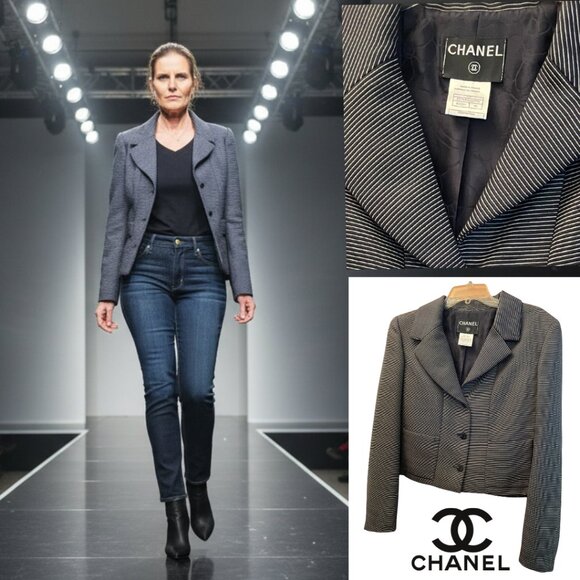 CHANEL jacket FR 46 10 US cropped classic black & white stripe. Authentic.